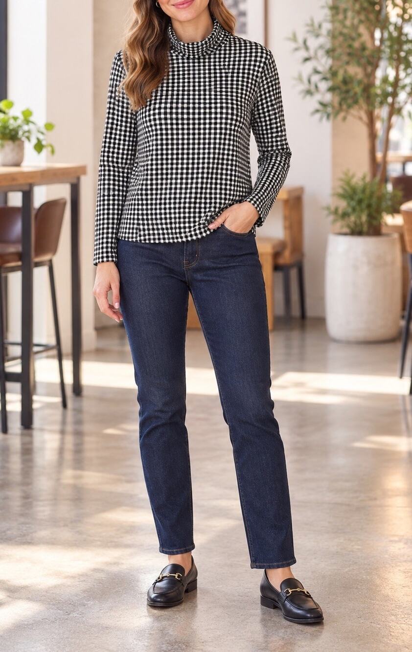 Old Navy Women’s XL Black White Gingham Mock Neck Long Sleeve Top NWT